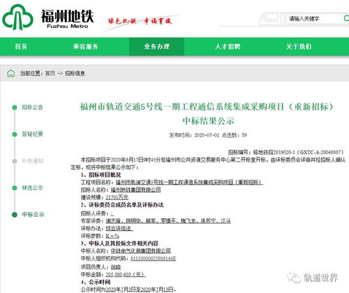 福州地鐵5號線一期工程通信系統(tǒng)集成采購項目重新招標(biāo)中標(biāo)結(jié)果公告